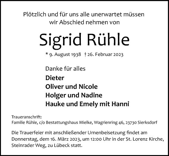 Traueranzeige von Sigrid Rühle von Lübecker Nachrichten