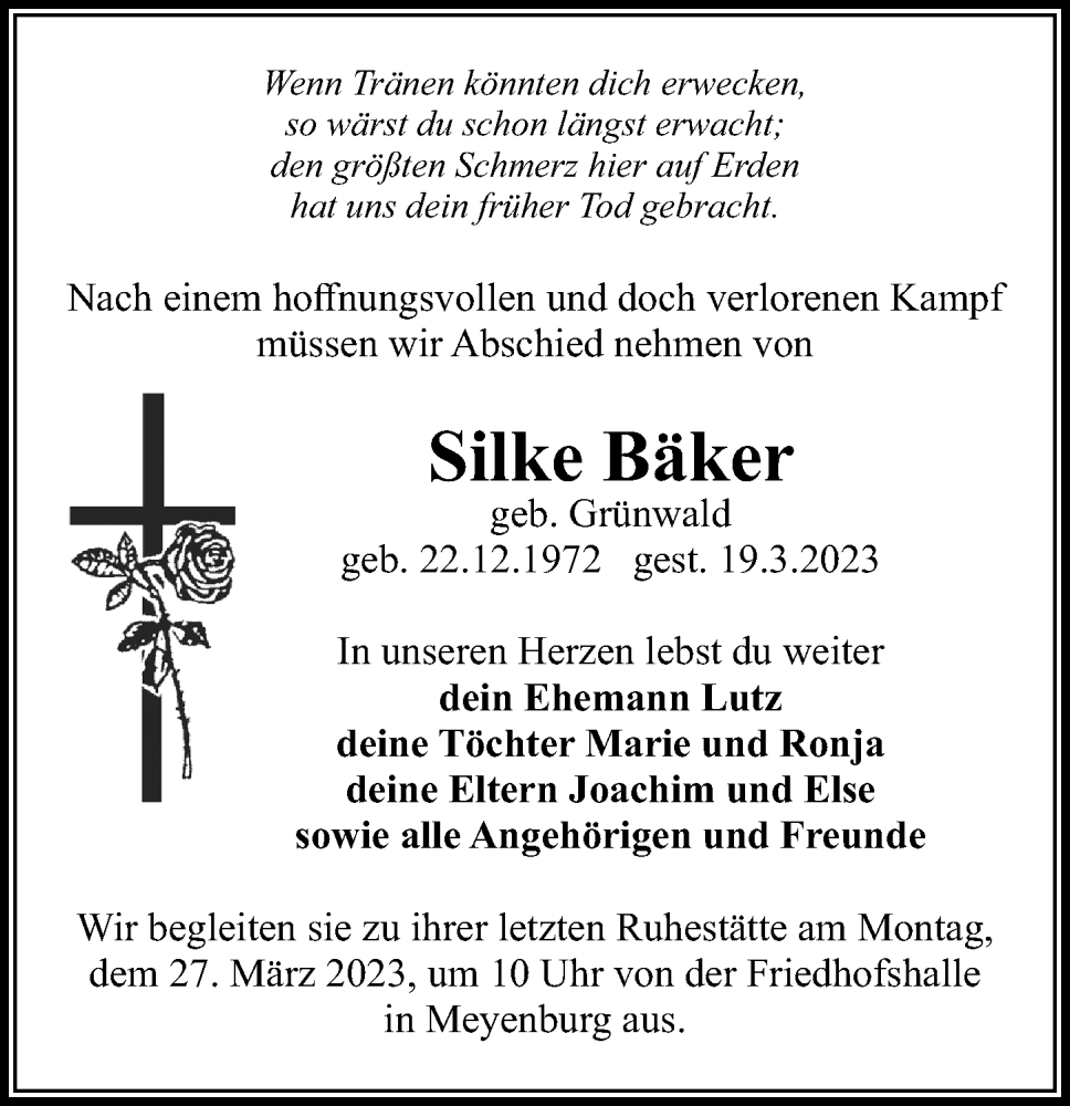  Traueranzeige für Silke Bäker vom 23.03.2023 aus Märkischen Allgemeine Zeitung