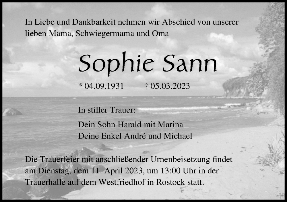  Traueranzeige für Sophie Sann vom 25.03.2023 aus Ostsee-Zeitung GmbH
