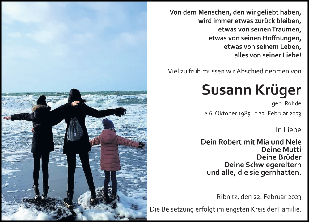  Traueranzeige für Susann Krüger vom 04.03.2023 aus Ostsee-Zeitung GmbH