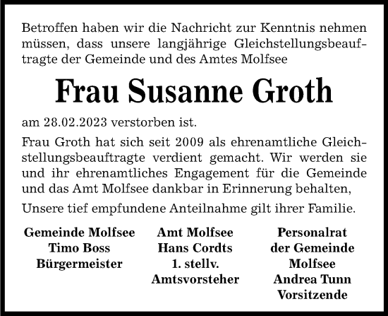 Traueranzeige von Susanne Groth von Kieler Nachrichten