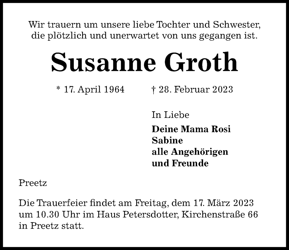  Traueranzeige für Susanne Groth vom 11.03.2023 aus Kieler Nachrichten