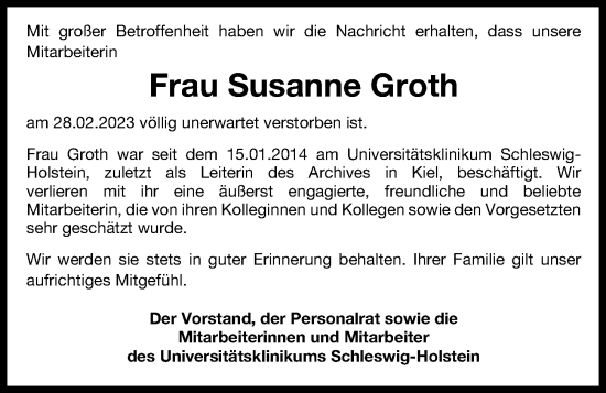 Traueranzeige von Susanne Groth von Kieler Nachrichten