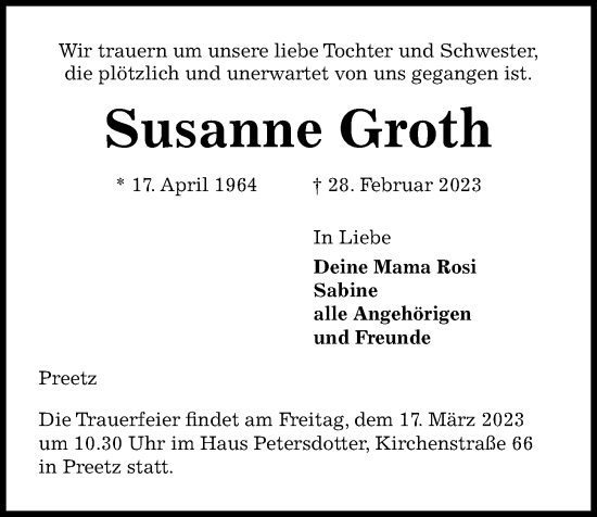 Traueranzeige von Susanne Groth von Kieler Nachrichten