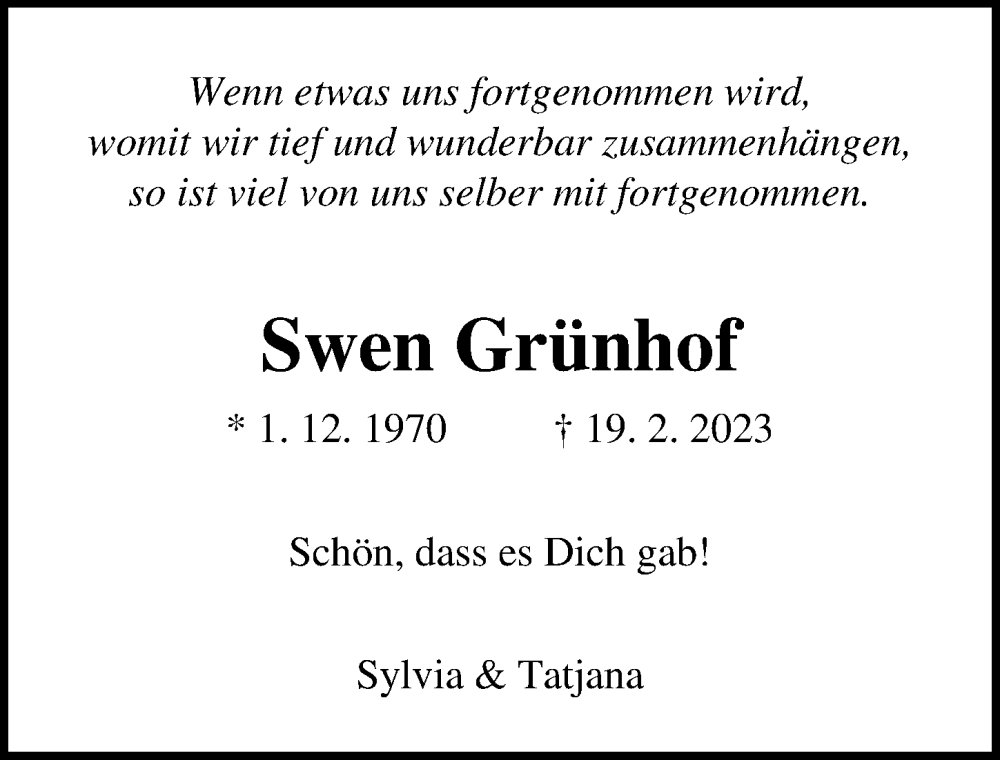  Traueranzeige für Swen Grünhof vom 04.03.2023 aus Lübecker Nachrichten