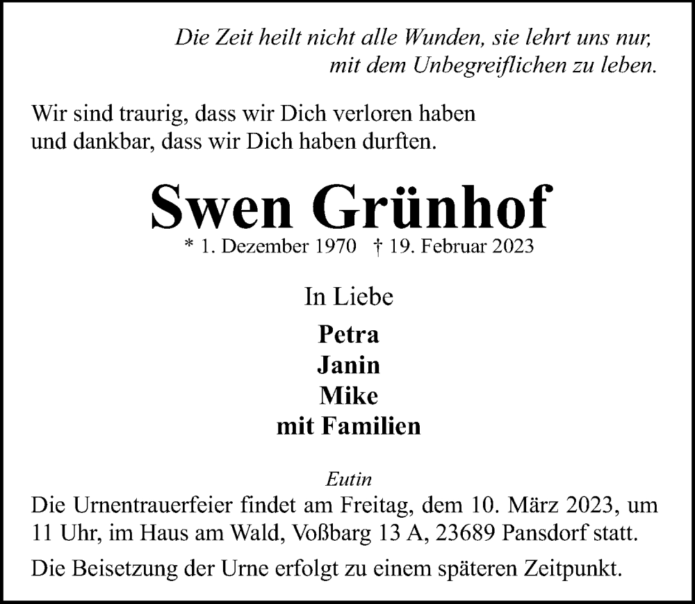  Traueranzeige für Swen Grünhof vom 04.03.2023 aus Lübecker Nachrichten