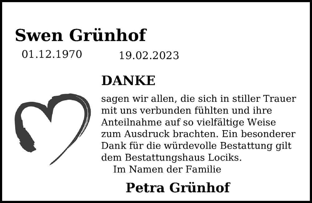  Traueranzeige für Swen Grünhof vom 18.03.2023 aus Lübecker Nachrichten