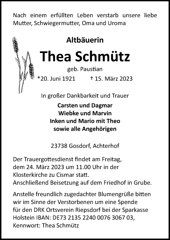  Traueranzeige für Thea Schmütz vom 21.03.2023 aus Lübecker Nachrichten