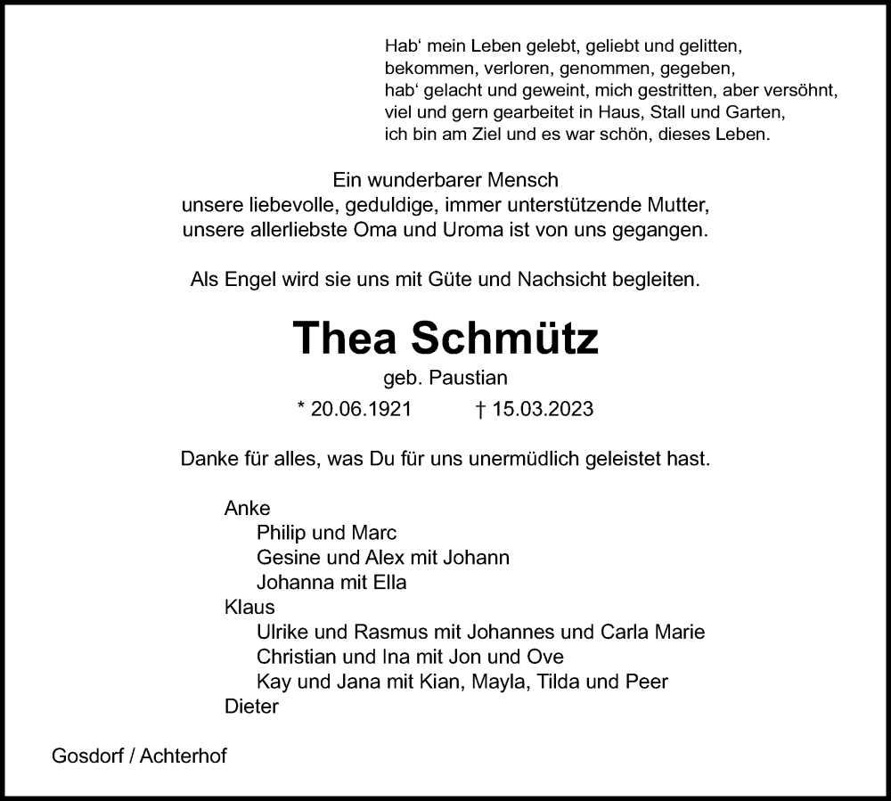  Traueranzeige für Thea Schmütz vom 18.03.2023 aus Lübecker Nachrichten