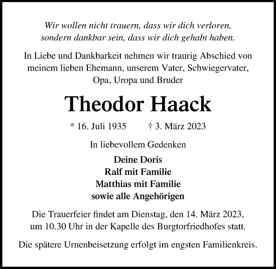 Traueranzeige von Theodor Haack von Lübecker Nachrichten