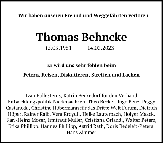 Traueranzeige von Thomas Behncke von Hannoversche Allgemeine Zeitung/Neue Presse