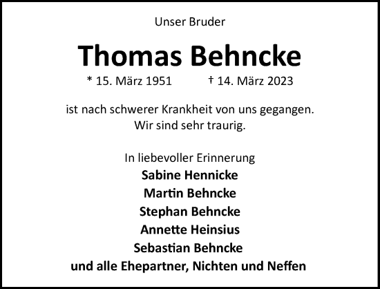 Traueranzeige von Thomas Behncke von Hannoversche Allgemeine Zeitung/Neue Presse