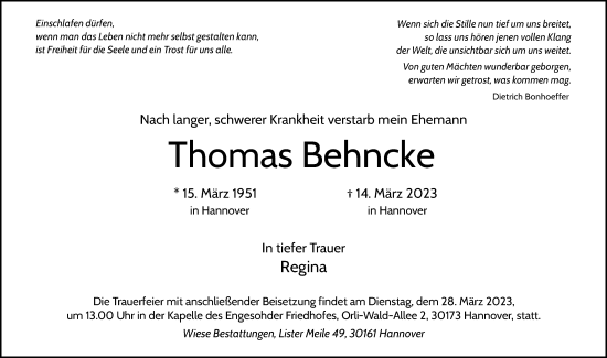 Traueranzeige von Thomas Behncke von Hannoversche Allgemeine Zeitung/Neue Presse