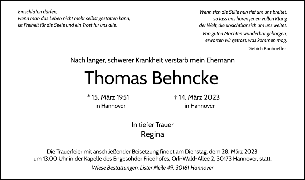  Traueranzeige für Thomas Behncke vom 25.03.2023 aus Hannoversche Allgemeine Zeitung/Neue Presse