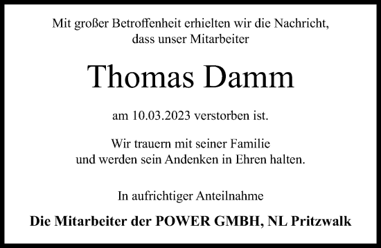 Traueranzeige von Thomas Damm von Märkischen Allgemeine Zeitung