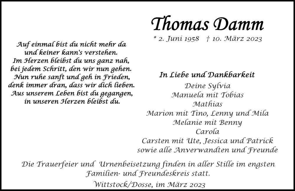  Traueranzeige für Thomas Damm vom 18.03.2023 aus Märkischen Allgemeine Zeitung