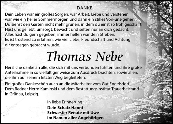 Traueranzeige von Thomas Nebe von Leipziger Volkszeitung