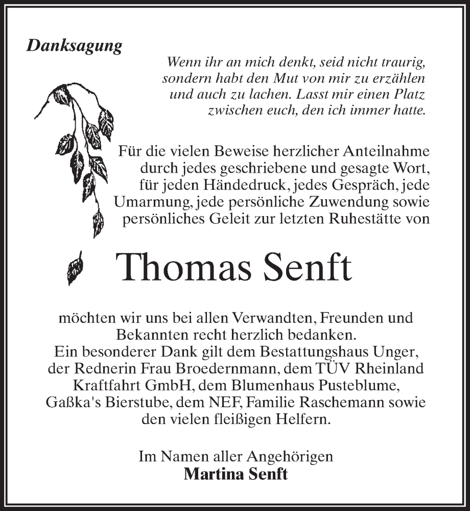 Traueranzeige für Thomas Senft vom 18.03.2023 aus Märkischen Allgemeine Zeitung