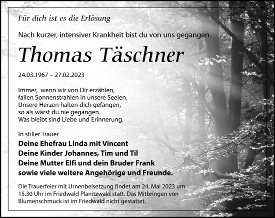 Traueranzeige von Thomas Täschner von Leipziger Volkszeitung