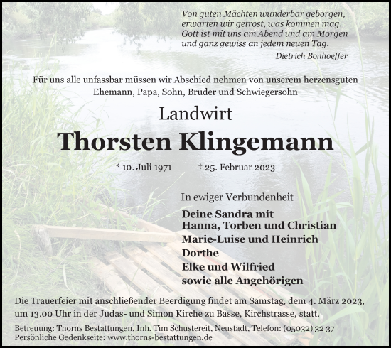 Traueranzeige von Thorsten Klingemann von Hannoversche Allgemeine Zeitung/Neue Presse