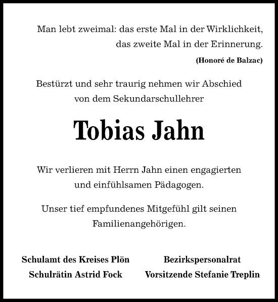 Traueranzeige von Tobias Jahn von Kieler Nachrichten