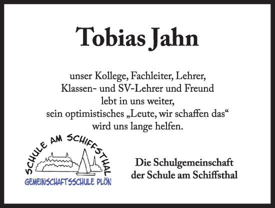 Traueranzeige von Tobias Jahn von Kieler Nachrichten