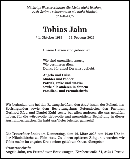 Traueranzeige von Tobias Jahn von Kieler Nachrichten