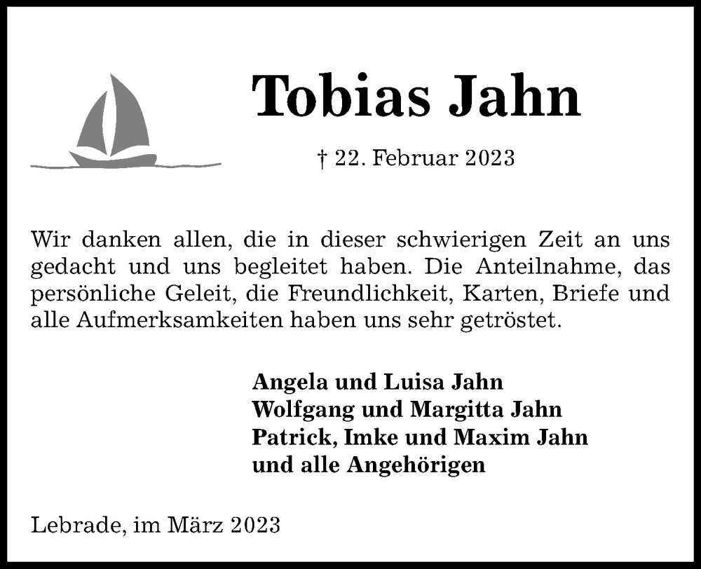  Traueranzeige für Tobias Jahn vom 25.03.2023 aus Kieler Nachrichten