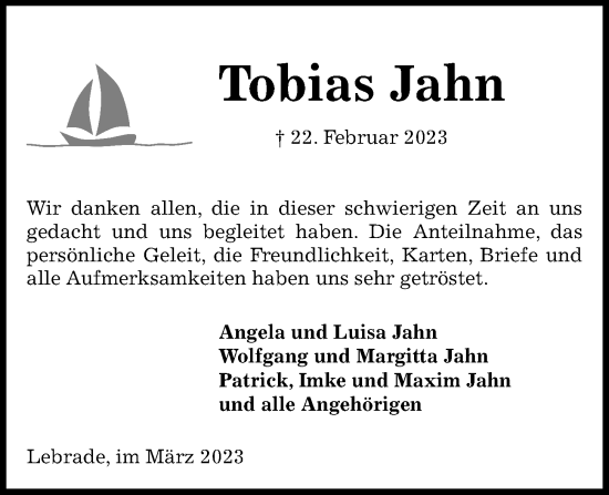 Traueranzeige von Tobias Jahn von Kieler Nachrichten