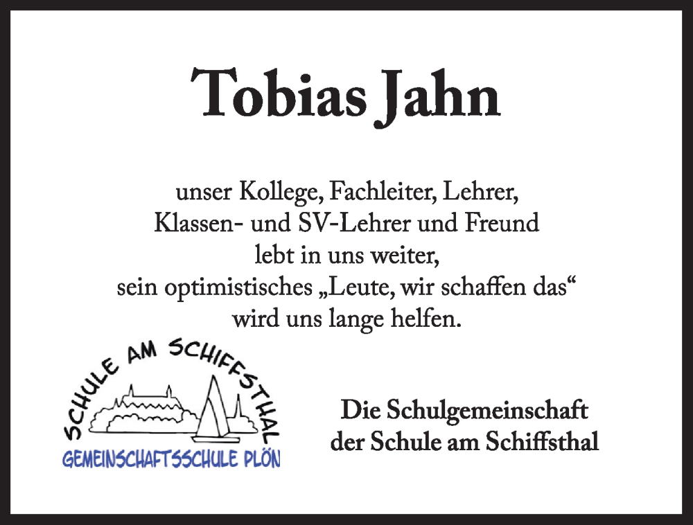  Traueranzeige für Tobias Jahn vom 16.03.2023 aus Kieler Nachrichten