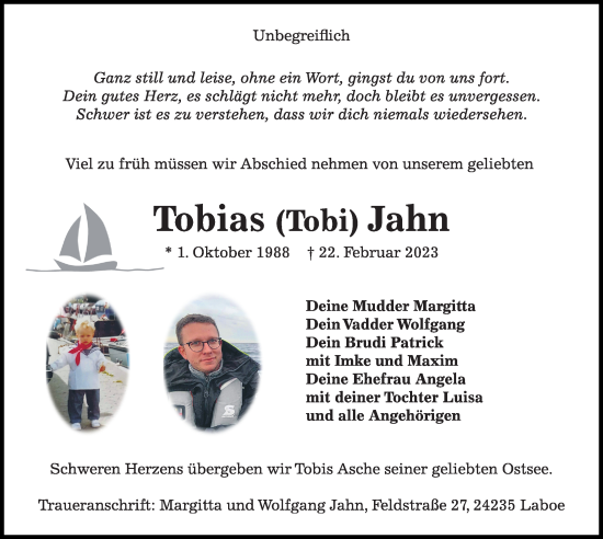 Traueranzeige von Tobias Jahn von Kieler Nachrichten