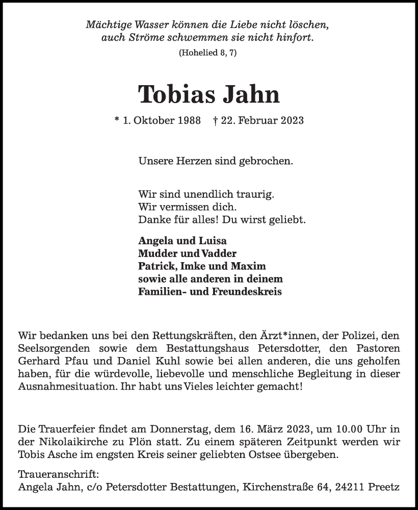  Traueranzeige für Tobias Jahn vom 04.03.2023 aus Kieler Nachrichten