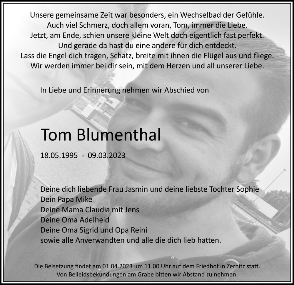  Traueranzeige für Tom Blumenthai vom 25.03.2023 aus Märkischen Allgemeine Zeitung