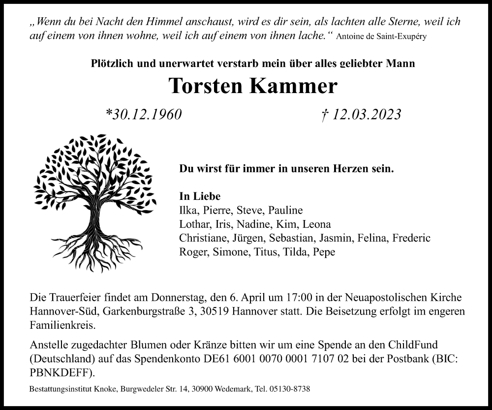  Traueranzeige für Torsten Kammer vom 18.03.2023 aus Hannoversche Allgemeine Zeitung/Neue Presse
