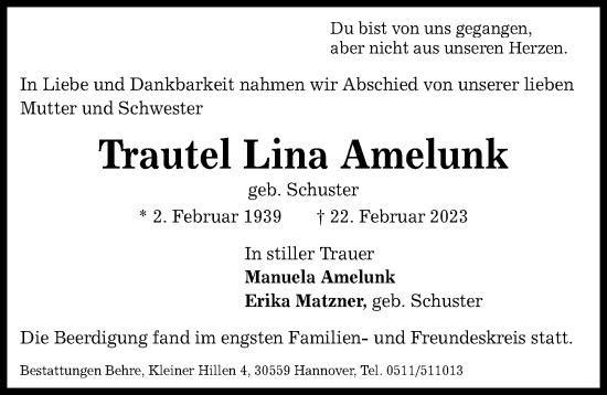 Traueranzeige von Trautel Lina Amelunk von Hannoversche Allgemeine Zeitung/Neue Presse