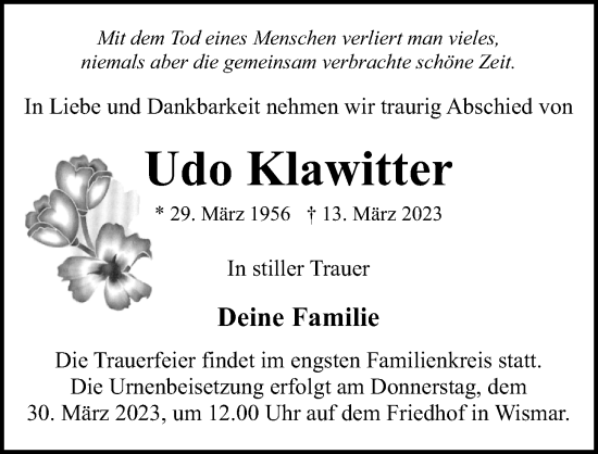 Traueranzeige von Udo Klawitter von Ostsee-Zeitung GmbH