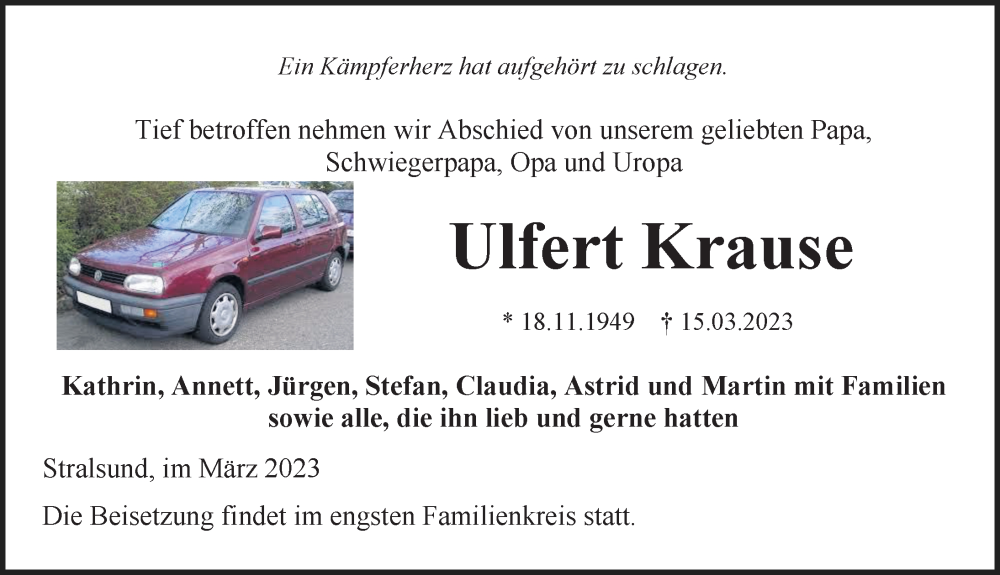  Traueranzeige für Ulfert Krause vom 25.03.2023 aus Ostsee-Zeitung GmbH