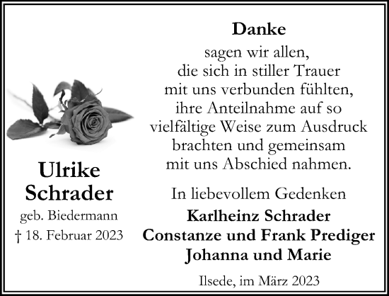 Traueranzeige von Ulrike Schrader von Peiner Allgemeine Zeitung