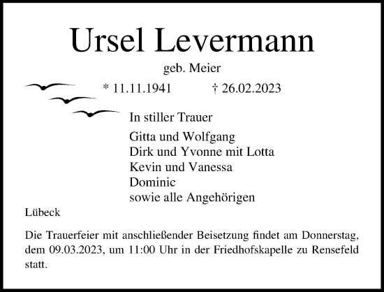 Traueranzeige von Ursel Levermann von Lübecker Nachrichten