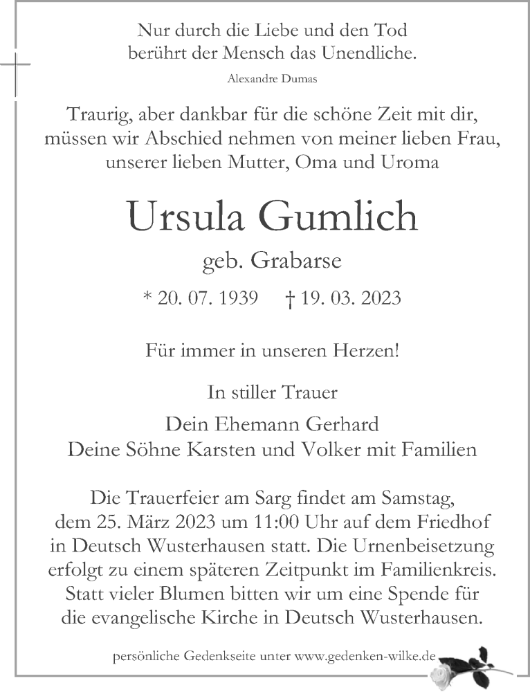  Traueranzeige für Ursula Gumlich vom 22.03.2023 aus Märkischen Allgemeine Zeitung