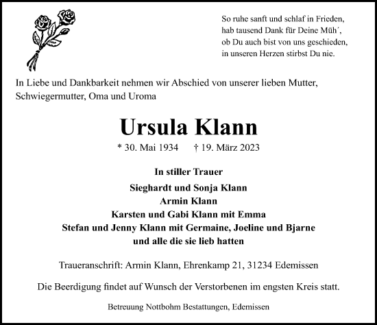 Traueranzeige von Ursula Klann von Peiner Allgemeine Zeitung