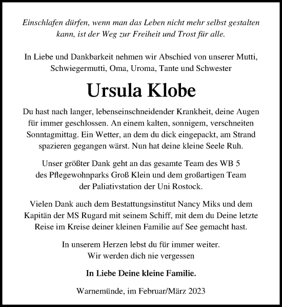 Traueranzeige von Ursula Klobe von Ostsee-Zeitung GmbH