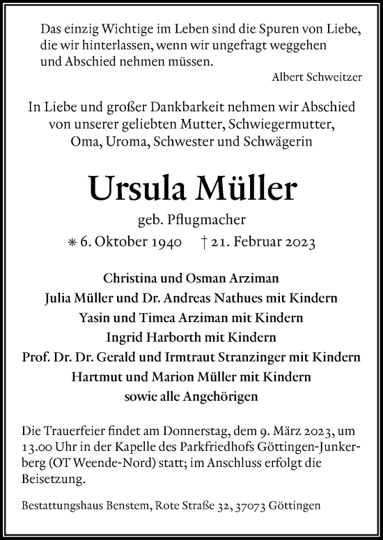 Traueranzeige von Ursula Müller von Göttinger Tageblatt