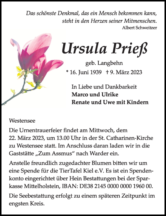 Traueranzeige von Ursula Prieß von Kieler Nachrichten