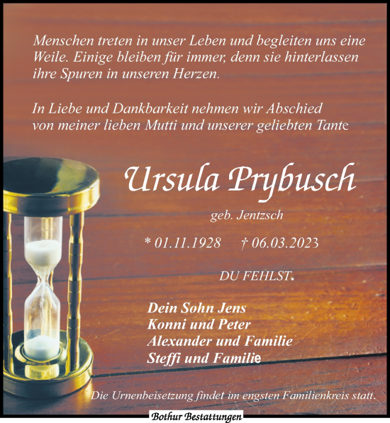 Traueranzeige von Ursula Prybusch von Leipziger Volkszeitung