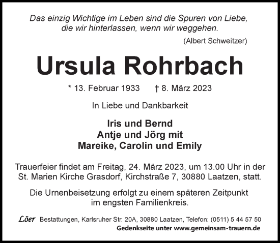 Traueranzeige von Ursula Rohrbach von Hannoversche Allgemeine Zeitung/Neue Presse