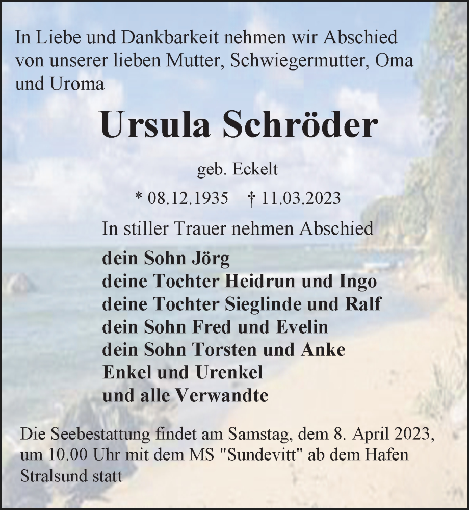  Traueranzeige für Ursula Schröder vom 18.03.2023 aus Ostsee-Zeitung GmbH