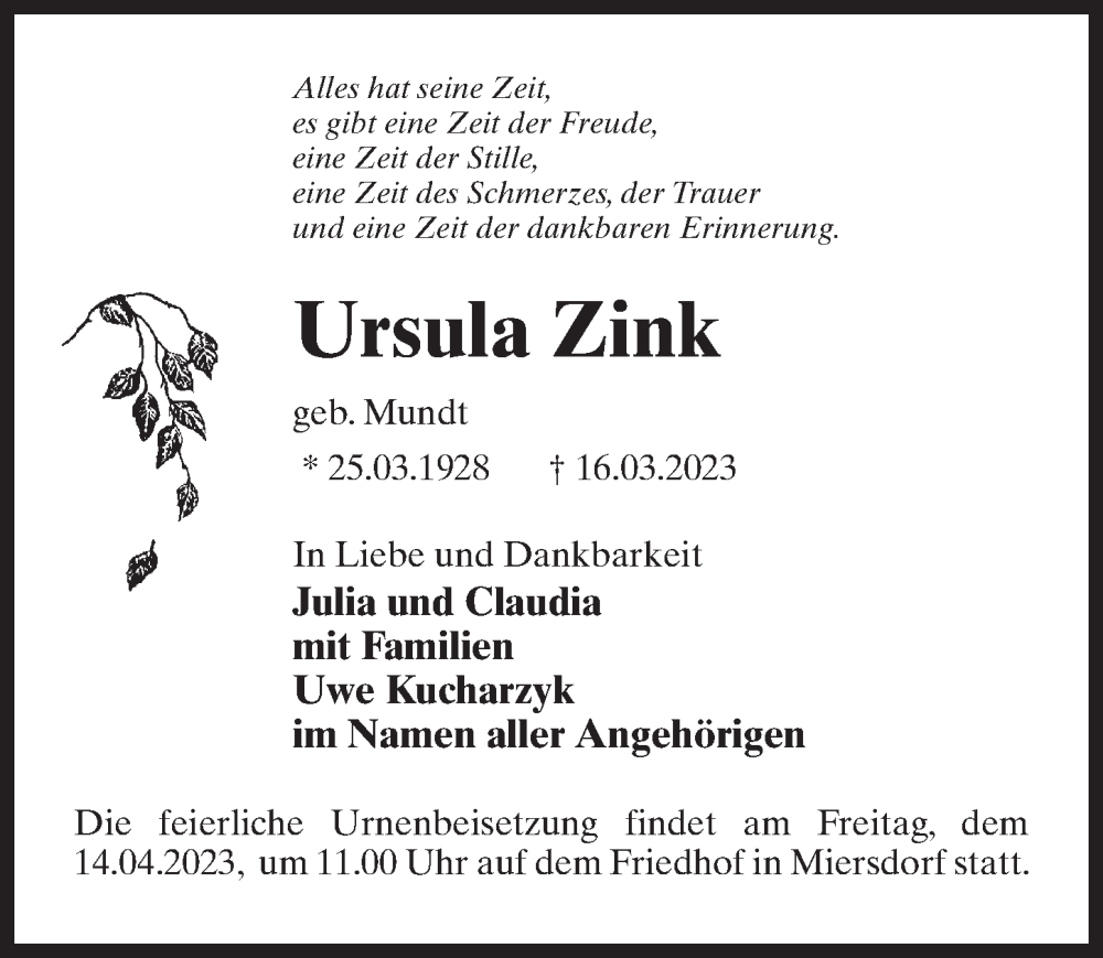  Traueranzeige für Ursula Zink vom 25.03.2023 aus Märkischen Allgemeine Zeitung