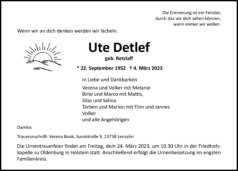  Traueranzeige für Ute Detlef vom 15.03.2023 aus Lübecker Nachrichten