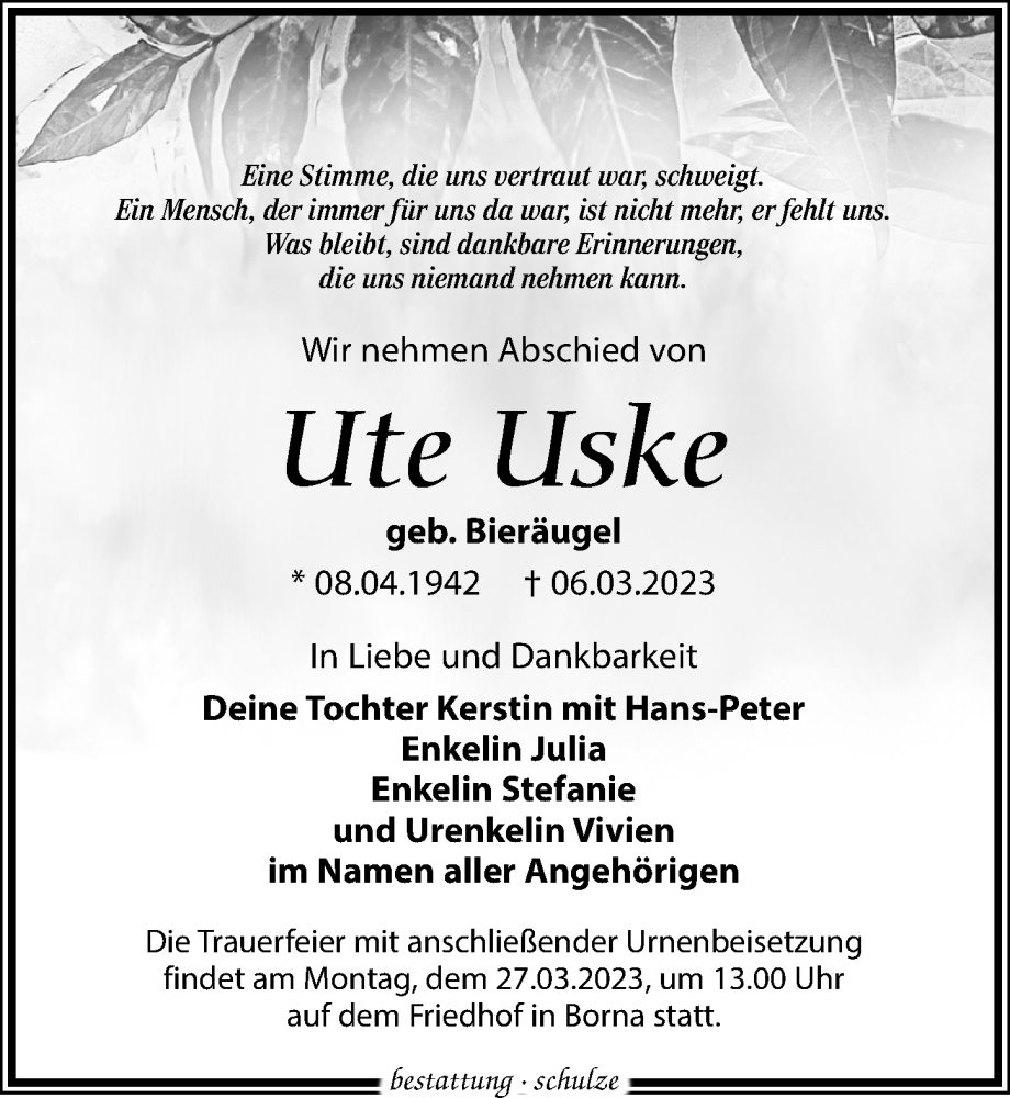  Traueranzeige für Ute Uske vom 18.03.2023 aus Leipziger Volkszeitung